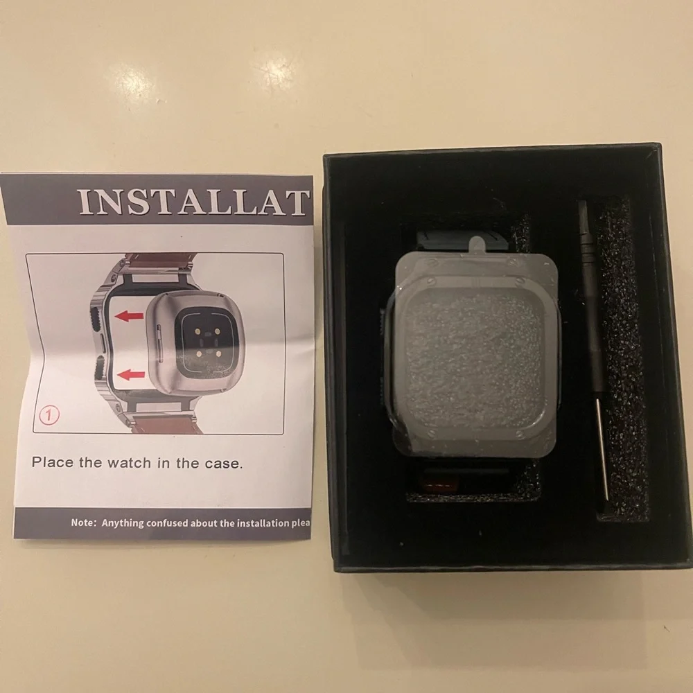 Leather Bands with Stainless Steel Case for Fitbit Versa 1 2 3 4 Lite Sense 2